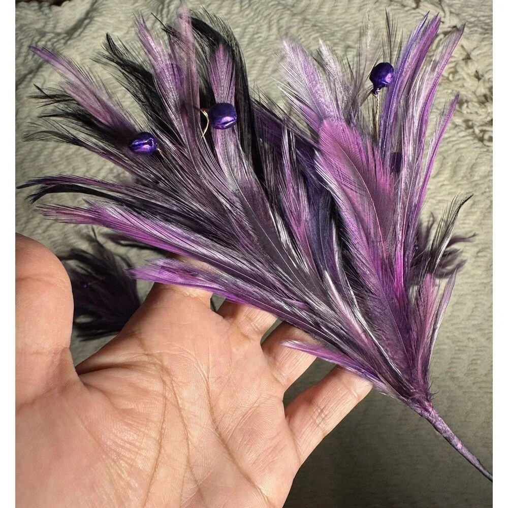 Lot of 6 Christmas Holiday Pick Purple Feather with mini Gingle bells